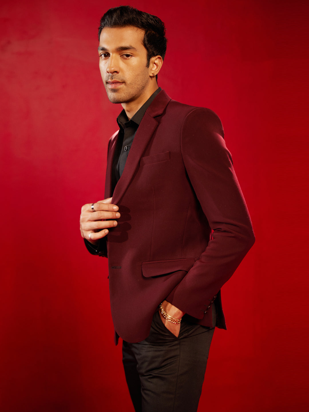 Men's Maroon Cotton Blend Straight Blazer