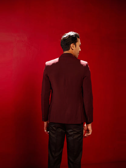 Men's Maroon Cotton Blend Straight Blazer