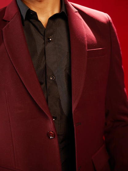 Men's Maroon Cotton Blend Straight Blazer