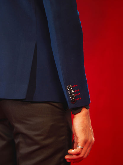Men's Navy Blue Cotton Blend Straight Blazer