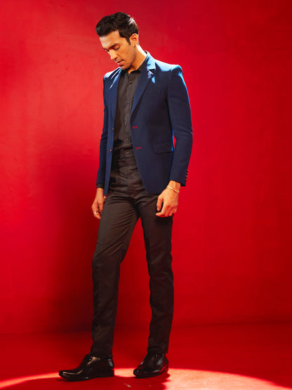 Men's Navy Blue Cotton Blend Straight Blazer
