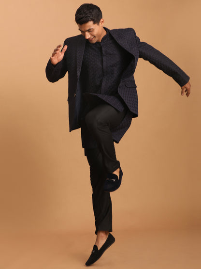 Men's Navy Blue Silk Blend Regular Jacket  Kurta and Pyjama Set
