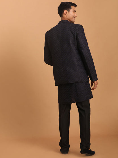 Men's Navy Blue Silk Blend Regular Jacket  Kurta and Pyjama Set