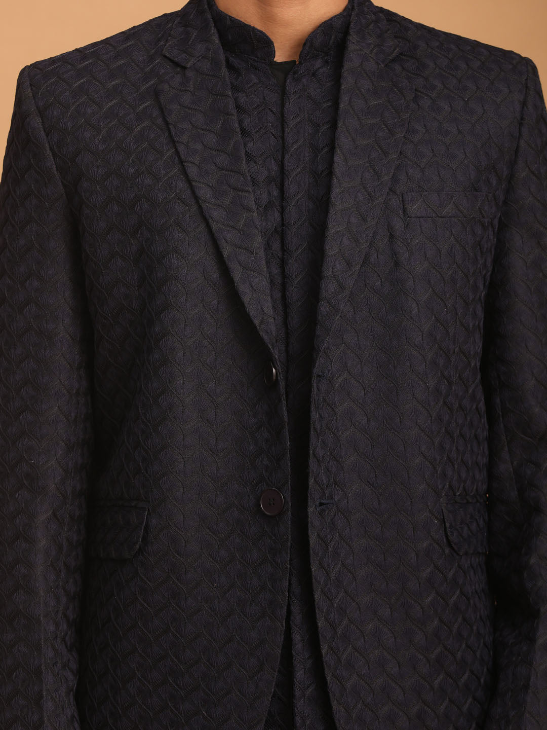 Men's Navy Blue Silk Blend Regular Jacket  Kurta and Pyjama Set
