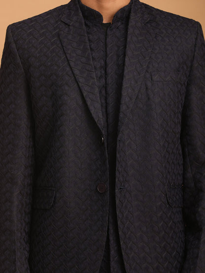 Men's Navy Blue Silk Blend Regular Jacket  Kurta and Pyjama Set