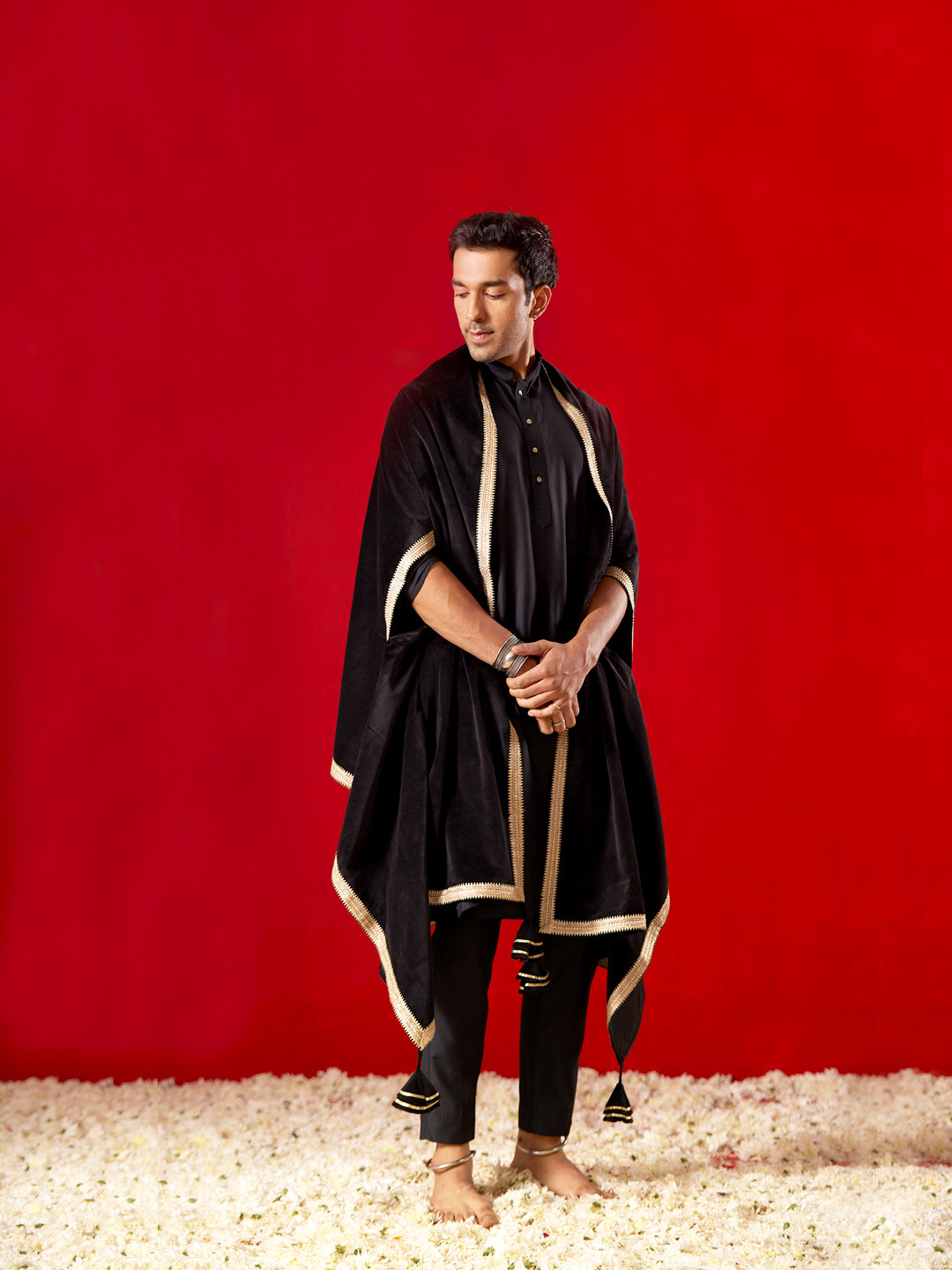 Men's Black Velvet Straight Dupatta
