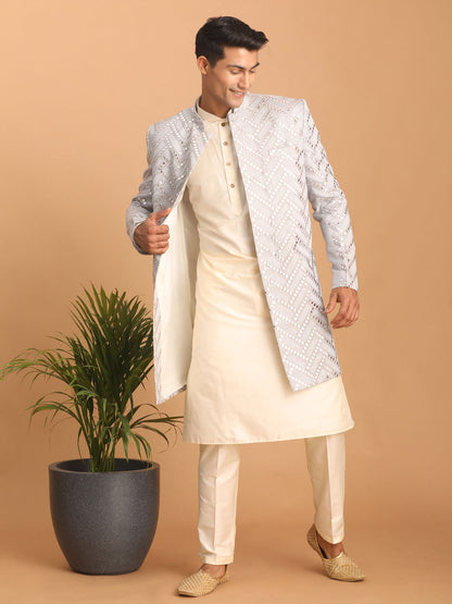 Men's Aqua Silk Blend Straight Sherwani Set