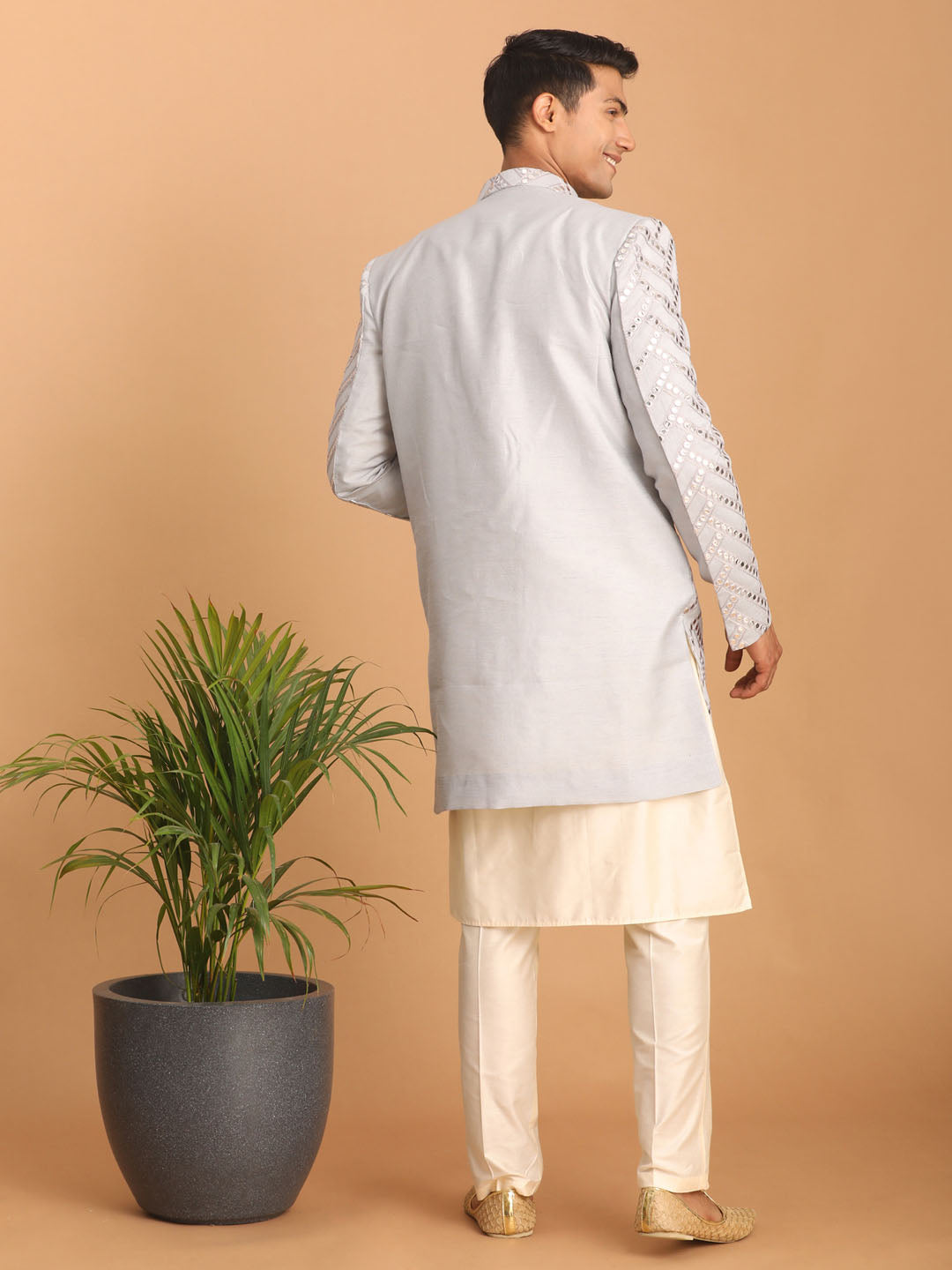 Men's Aqua Silk Blend Straight Sherwani Set