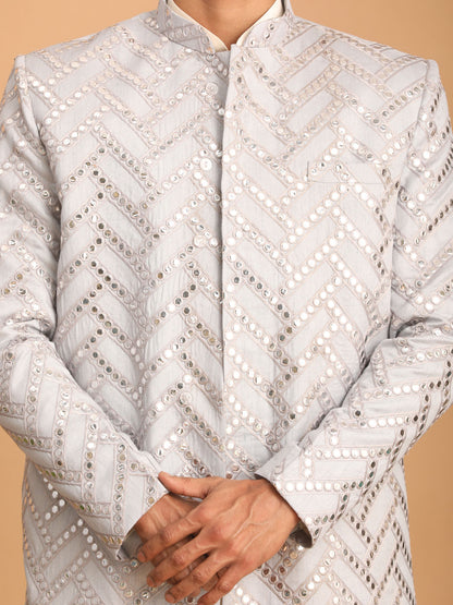 Men's Aqua Silk Blend Straight Sherwani Set