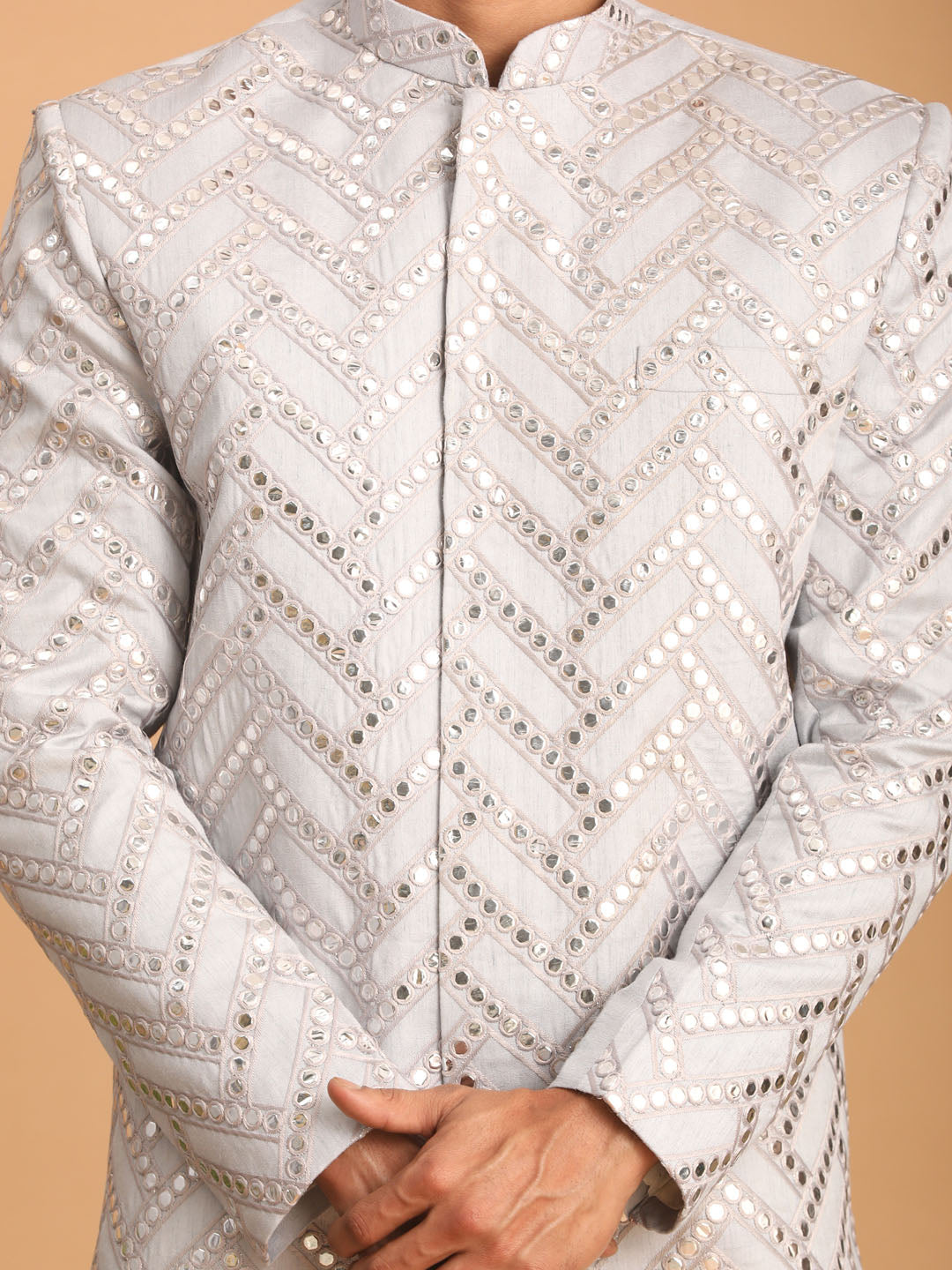 Men's Aqua Silk Blend Straight Sherwani Set