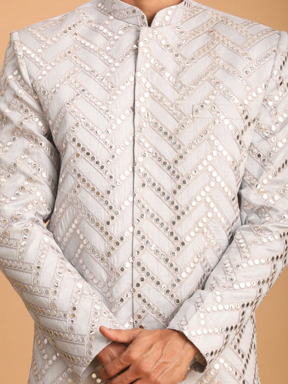 Men's Aqua Silk Blend Straight Sherwani Set