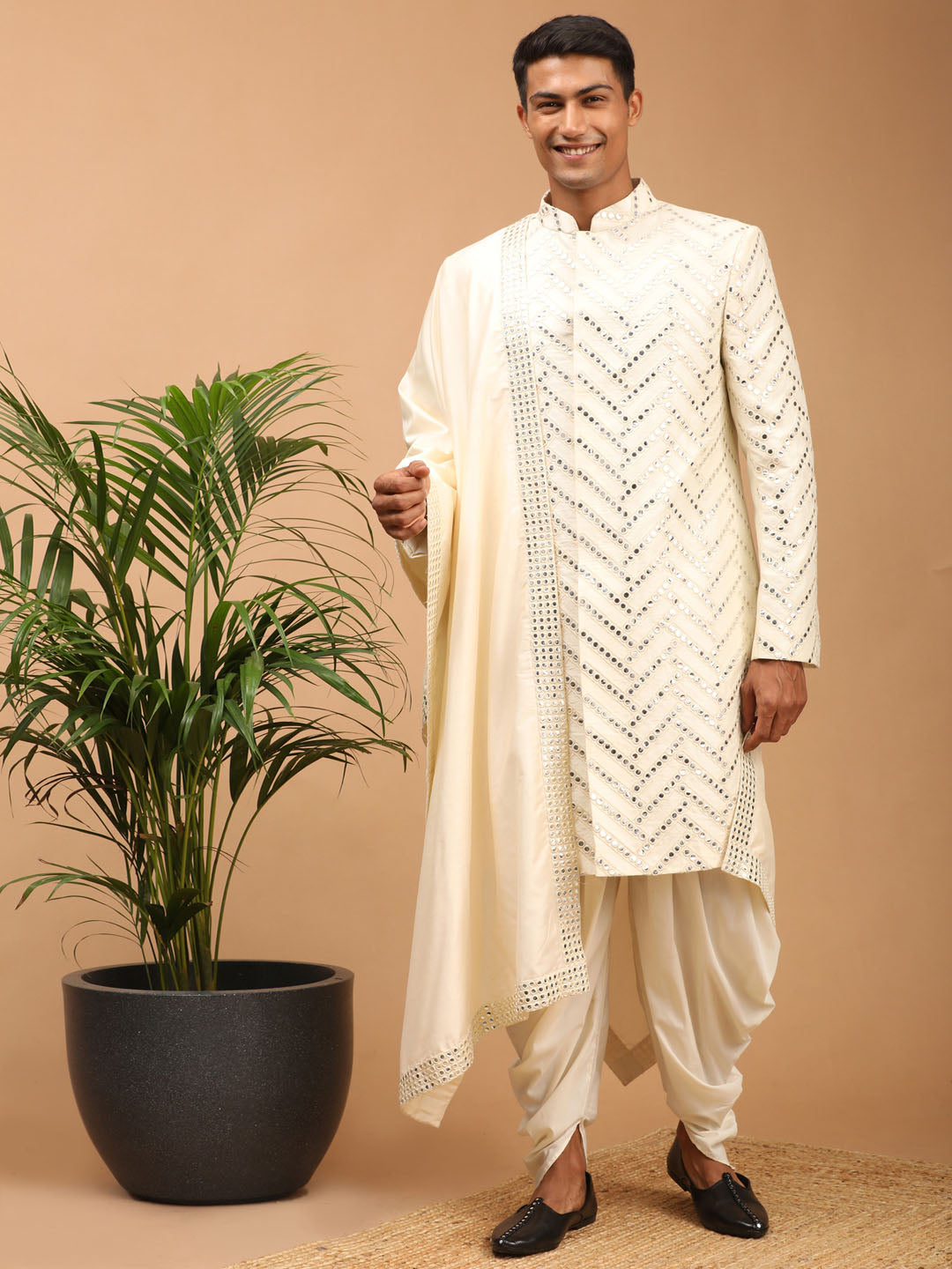 Men's Cream Silk Blend Straight Sherwani Set