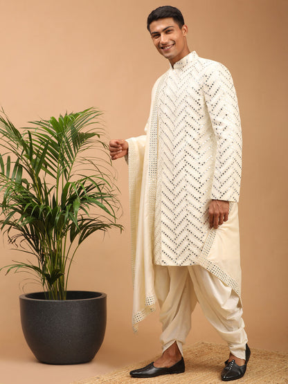 Men's Cream Silk Blend Straight Sherwani Set