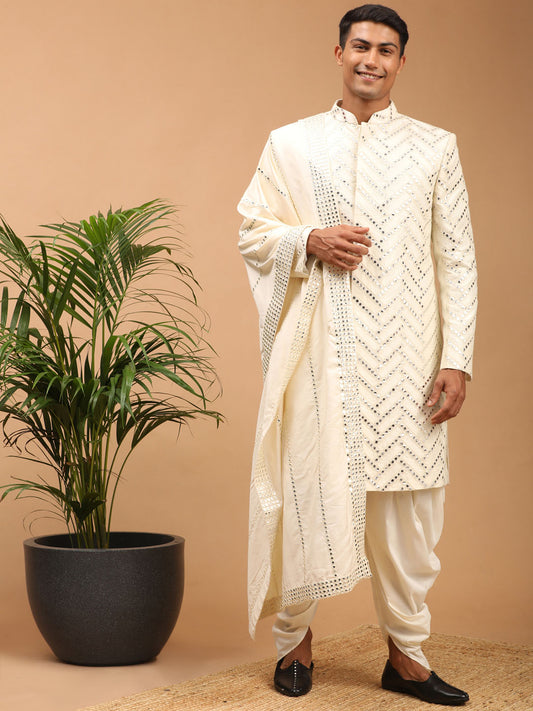 Men's Cream Silk Blend Straight Sherwani Set