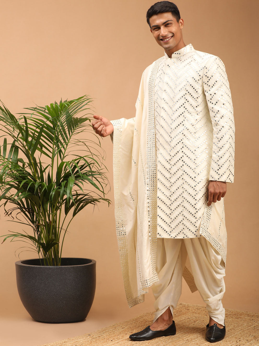Men's Cream Silk Blend Straight Sherwani Set