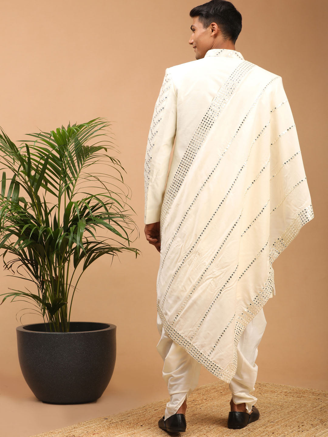 Men's Cream Silk Blend Straight Sherwani Set
