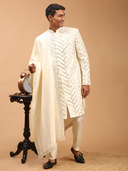 Men's Cream Silk Blend Straight Sherwani Set