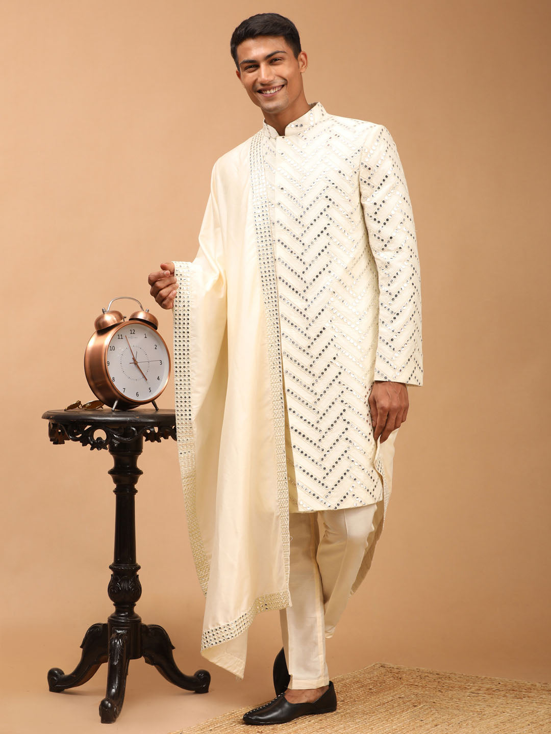 Men's Cream Silk Blend Straight Sherwani Set