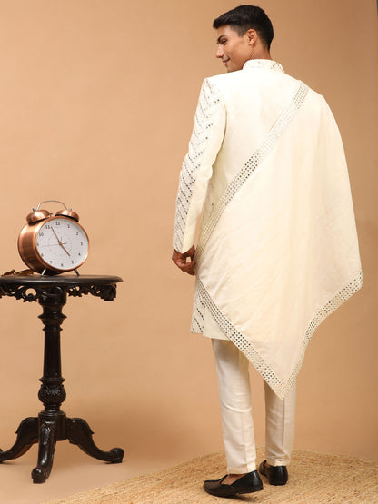 Men's Cream Silk Blend Straight Sherwani Set