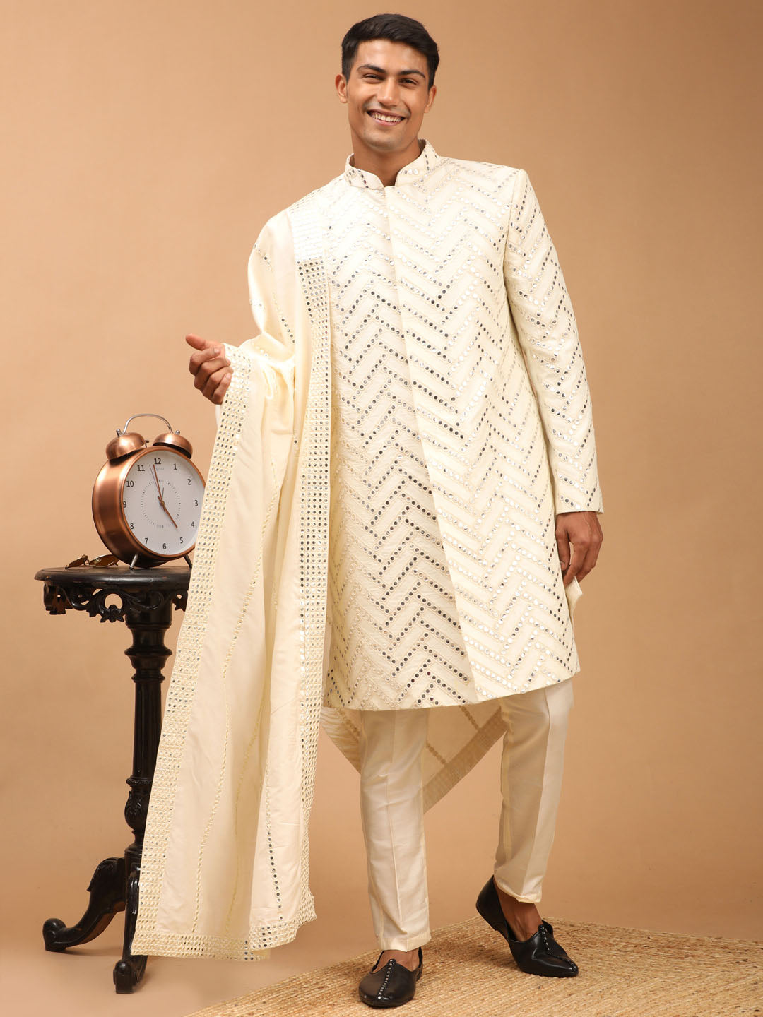 Men's Cream Silk Blend Straight Sherwani Set