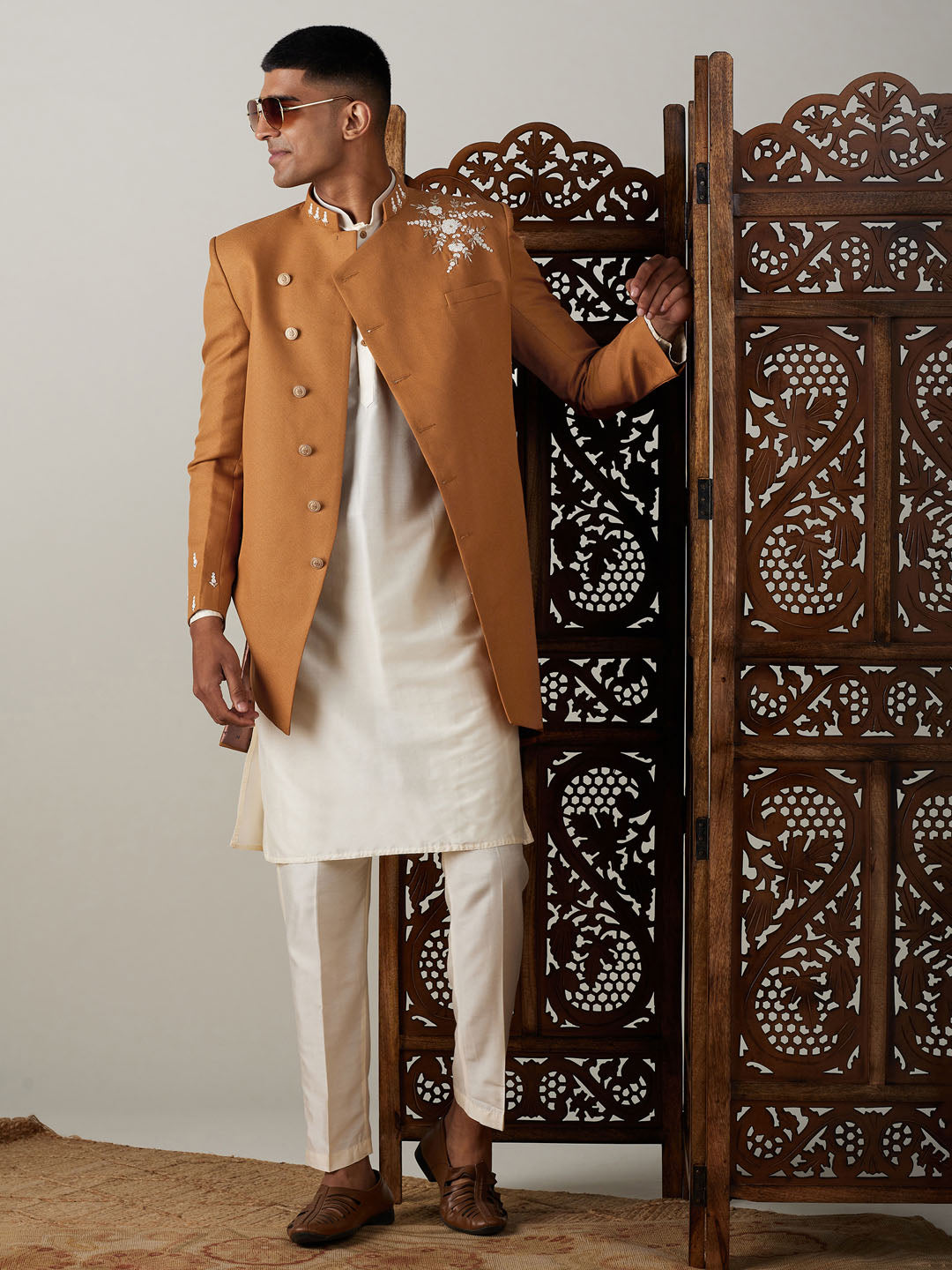 Men's Cream Viscose Straight Sherwani Set