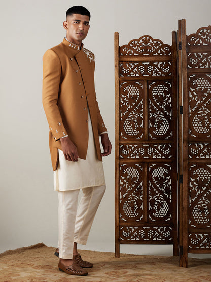 Men's Cream Viscose Straight Sherwani Set