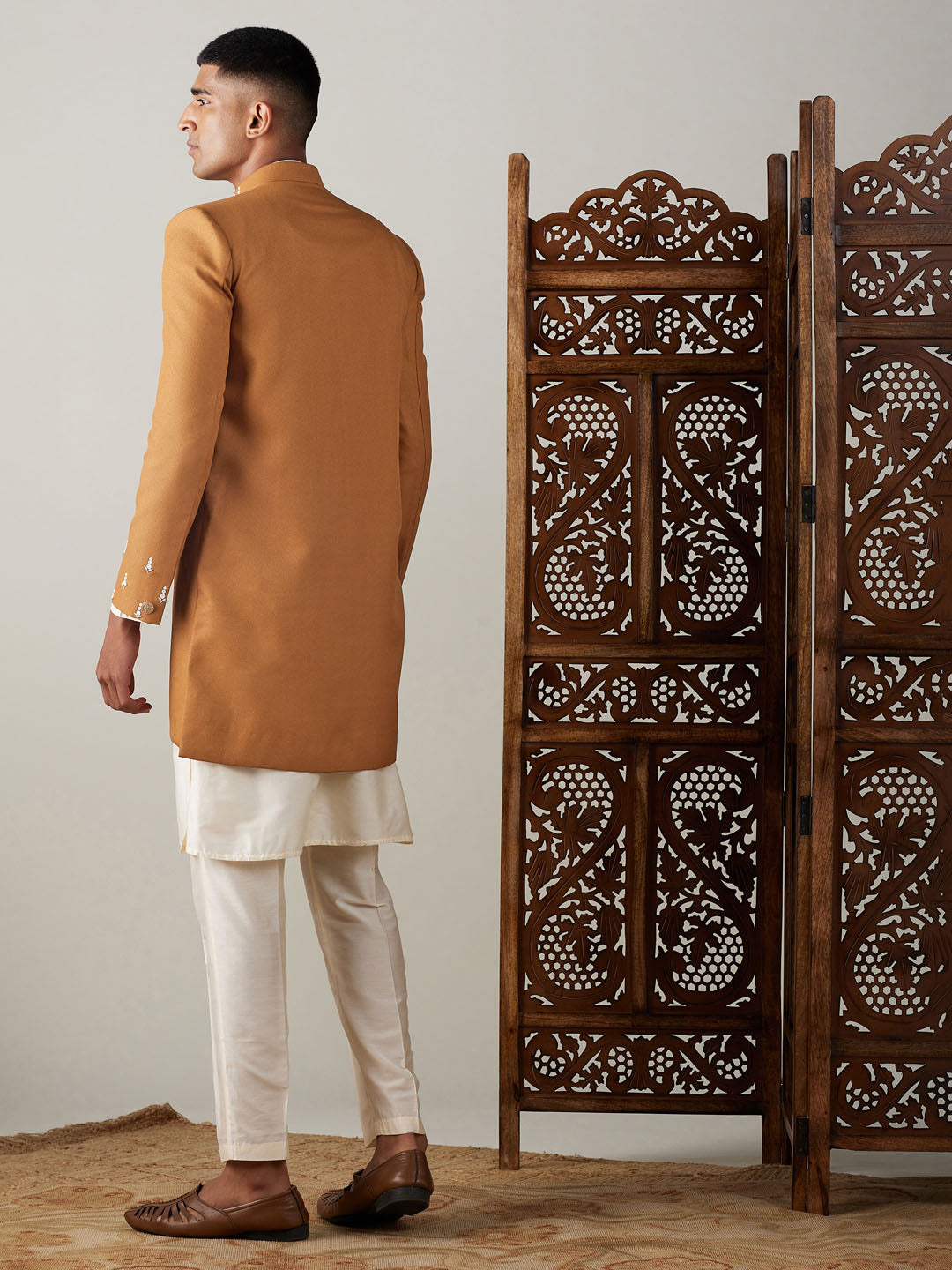 Men's Cream Viscose Straight Sherwani Set
