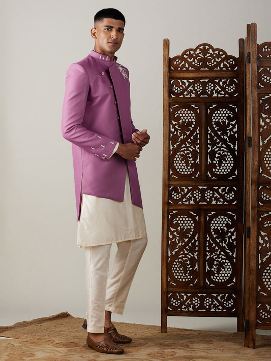 Men's Cream Viscose Straight Sherwani Set