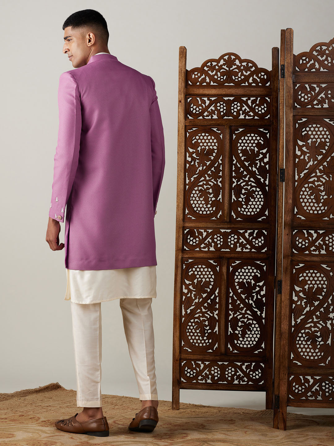 Men's Cream Viscose Straight Sherwani Set