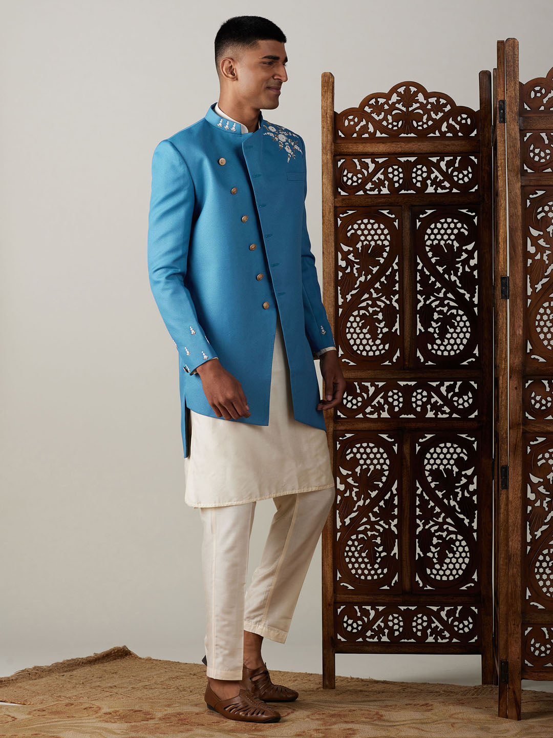 Men's Cream Viscose Straight Sherwani Set
