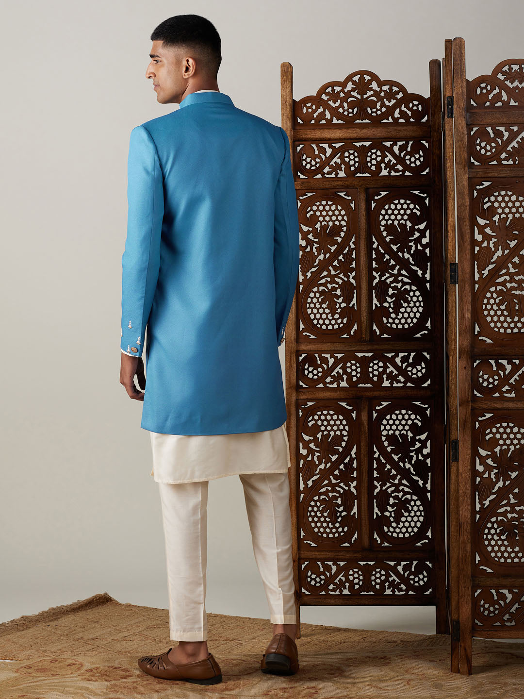 Men's Cream Viscose Straight Sherwani Set
