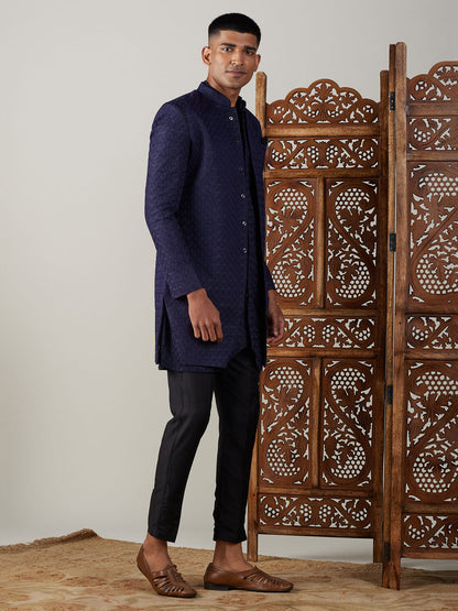 Men's Navy Blue Silk Blend Regular Sherwani Set