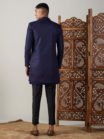 Men's Navy Blue Silk Blend Regular Sherwani Set