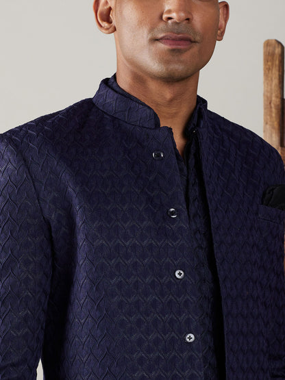 Men's Navy Blue Silk Blend Regular Sherwani Set