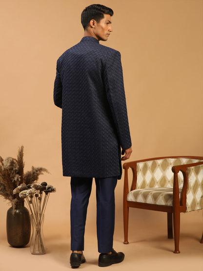 Men's Navy Blue Silk Blend Regular Sherwani Set