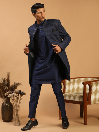 Men's Navy Blue Viscose Regular Sherwani Set