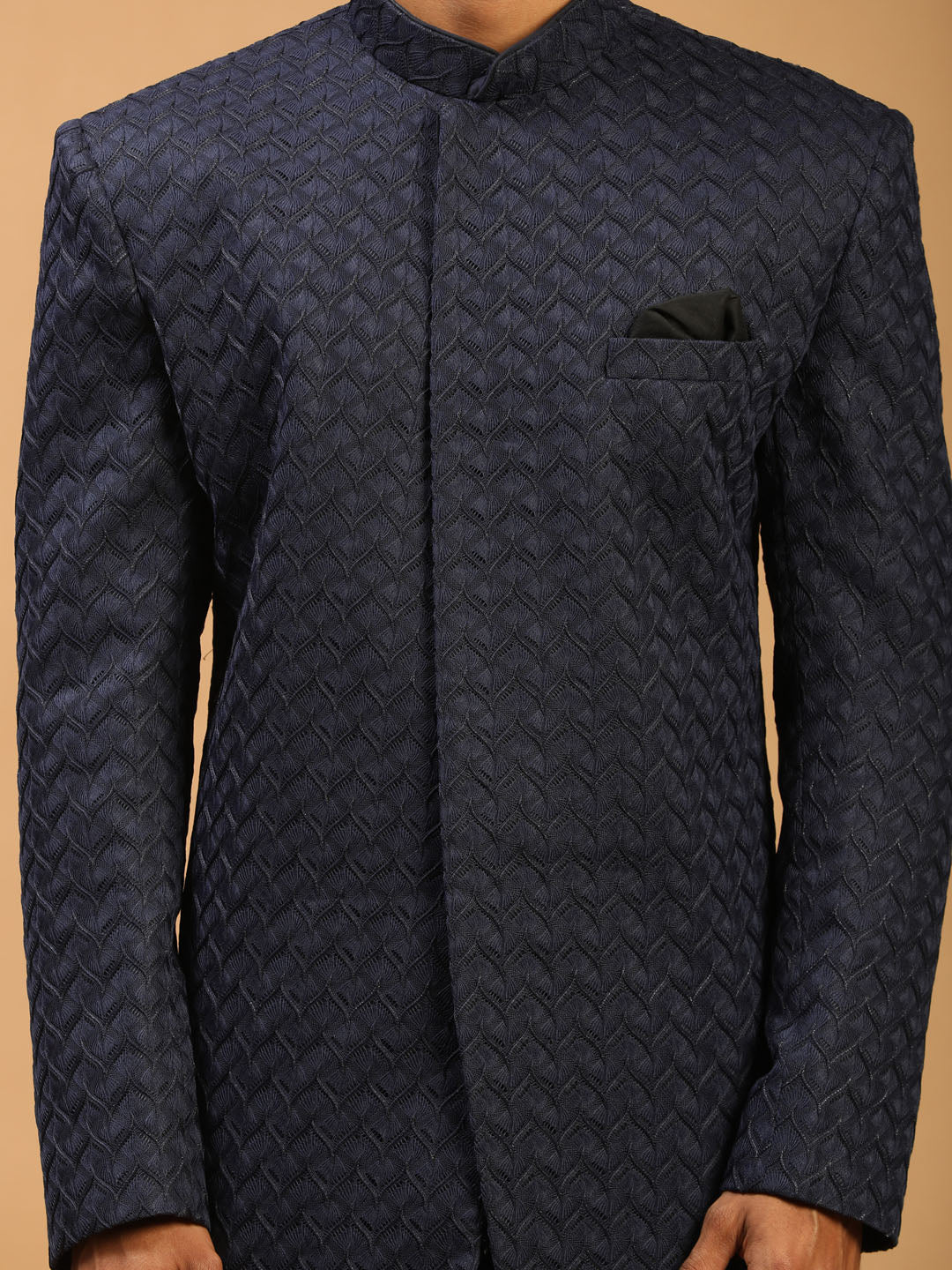 Men's Navy Blue Viscose Regular Sherwani Set