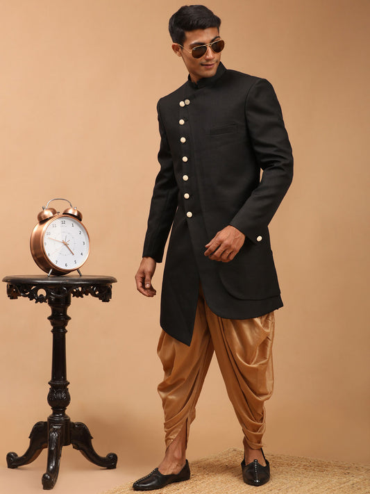 Men's Black Cotton Blend Straight Sherwani Set
