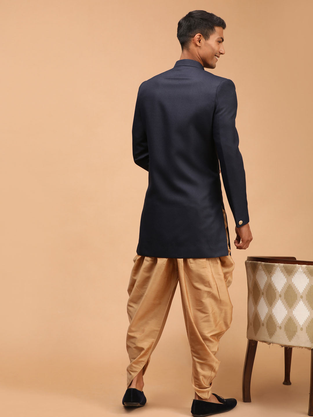 Men's Navy Blue Cotton Blend Straight Sherwani Set