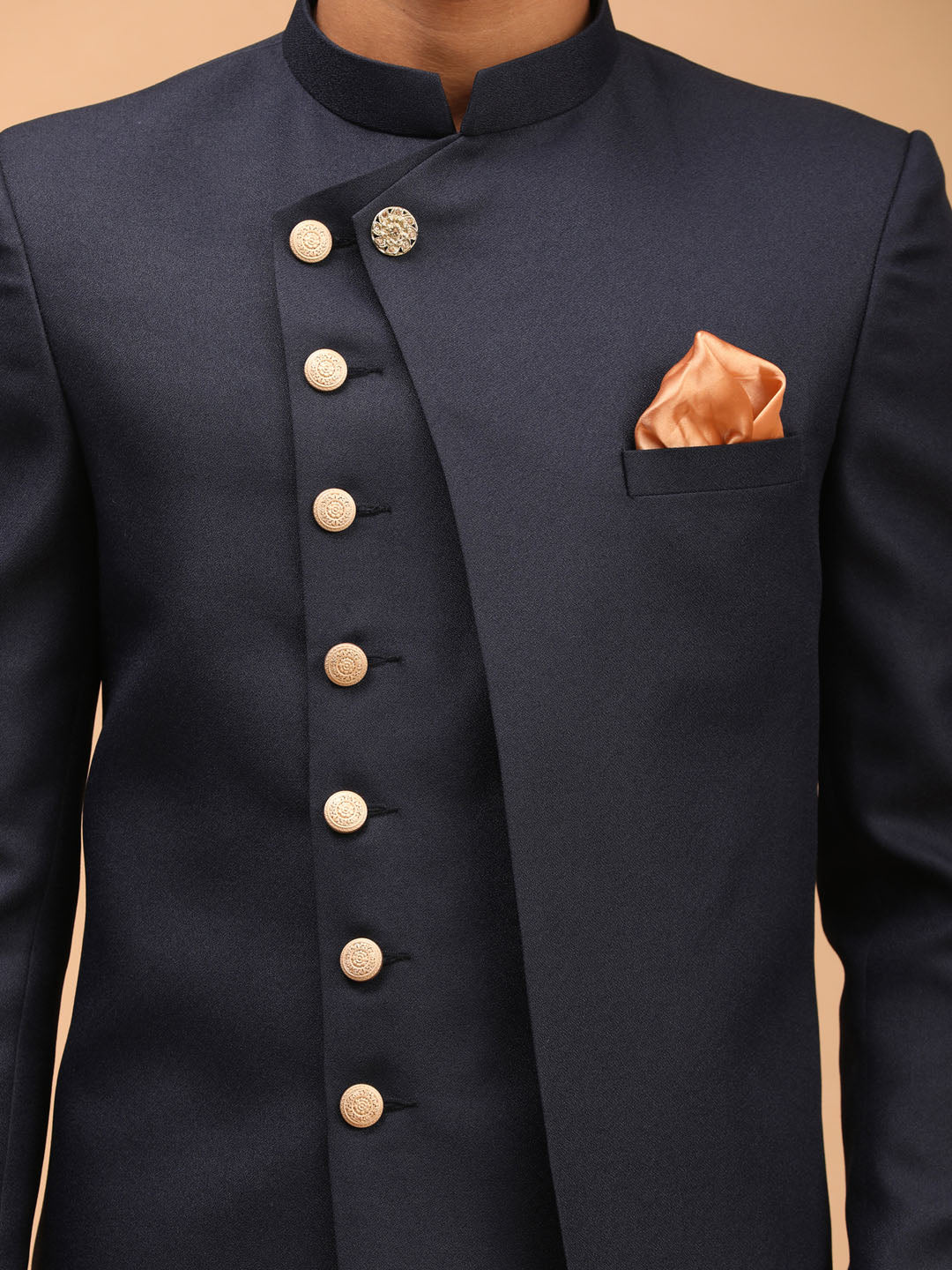 Men's Navy Blue Cotton Blend Straight Sherwani Set