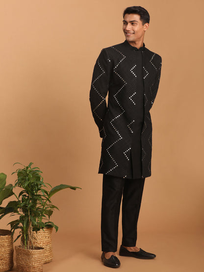Men's Black Viscose Straight Sherwani Set