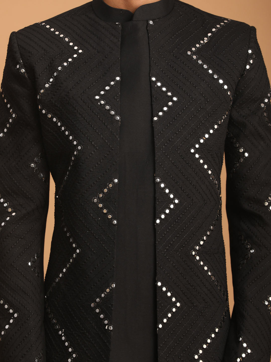 Men's Black Viscose Straight Sherwani Set