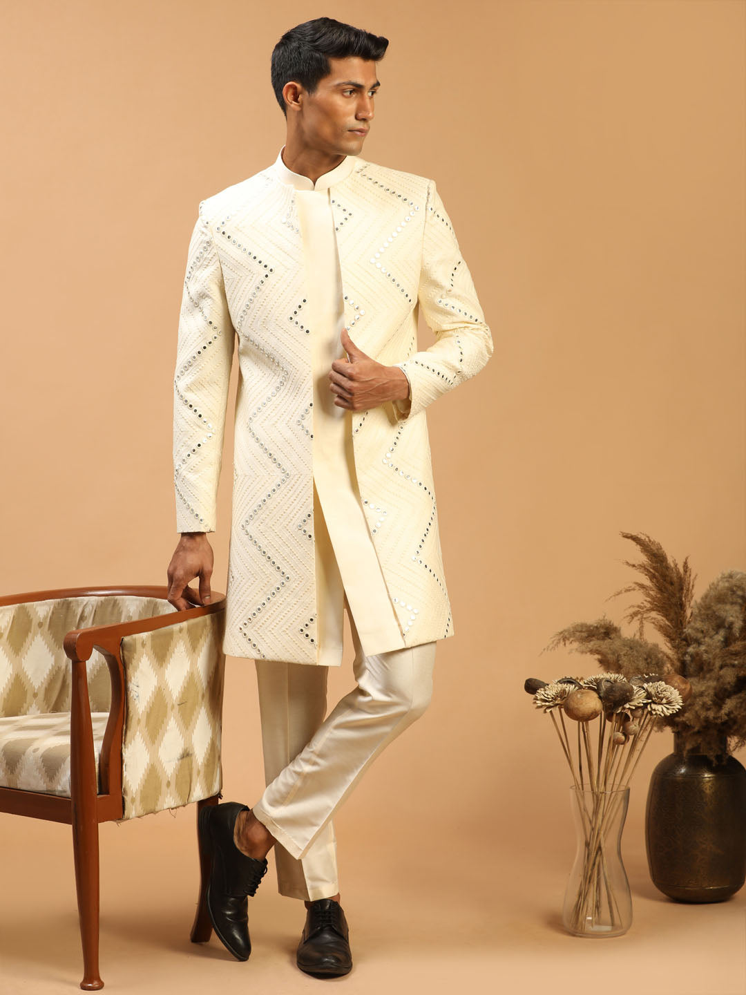 Men's Cream Viscose Straight Sherwani Set