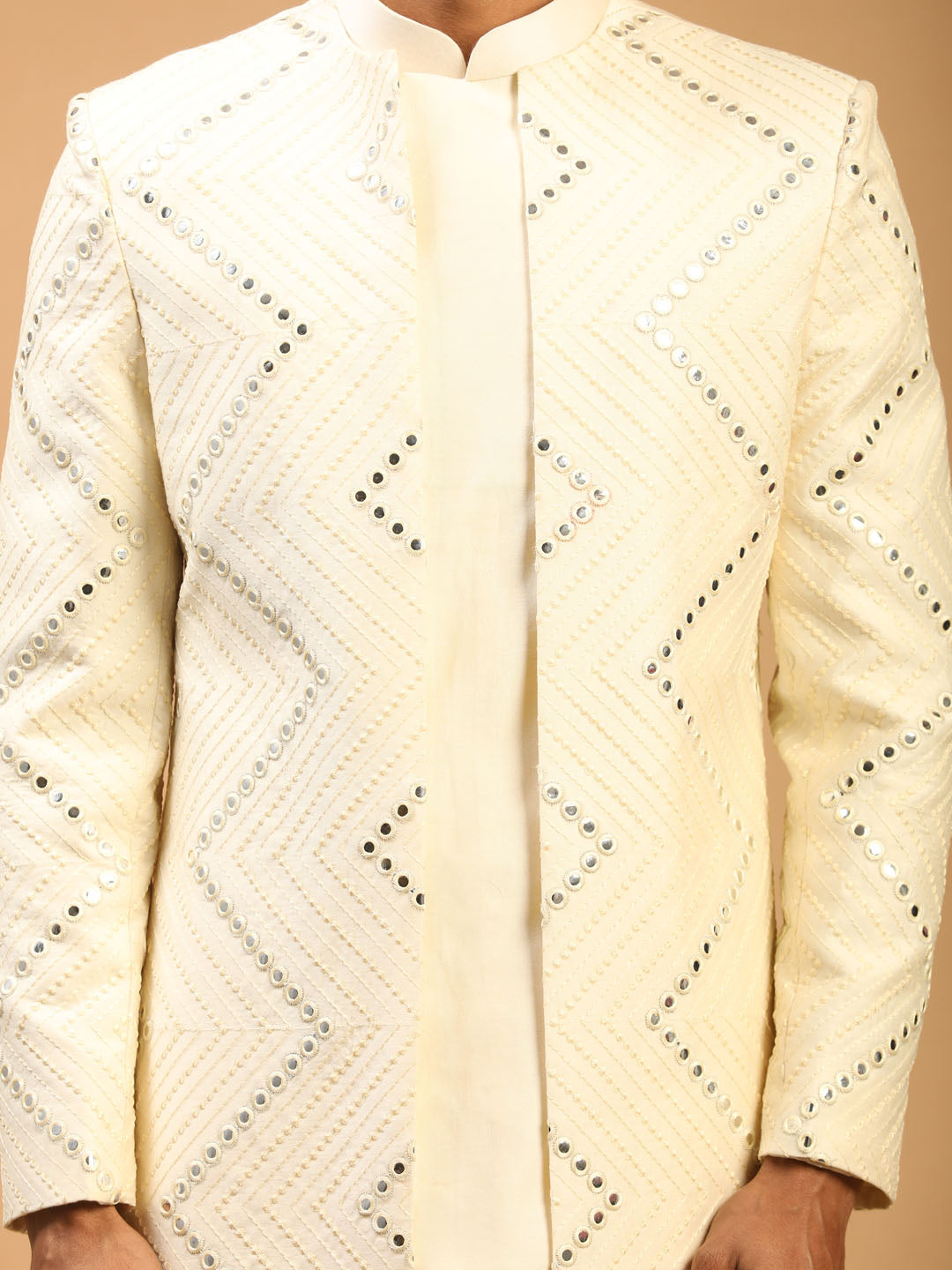 Men's Cream Viscose Straight Sherwani Set