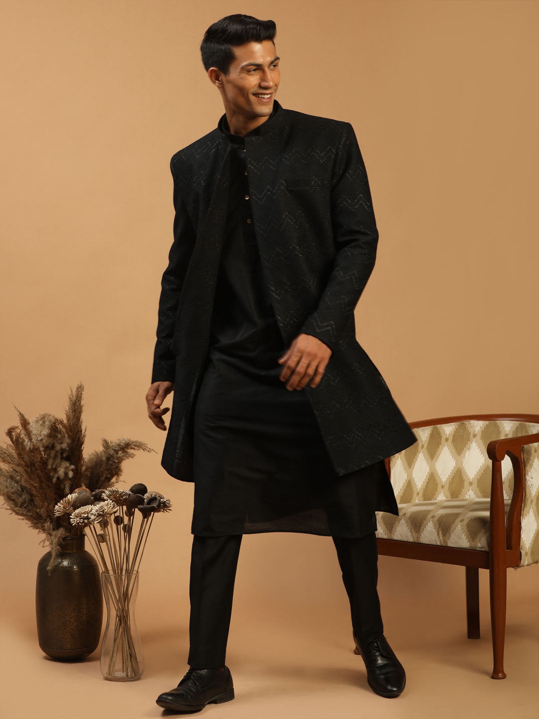 Men's Black Viscose Regular Sherwani Set