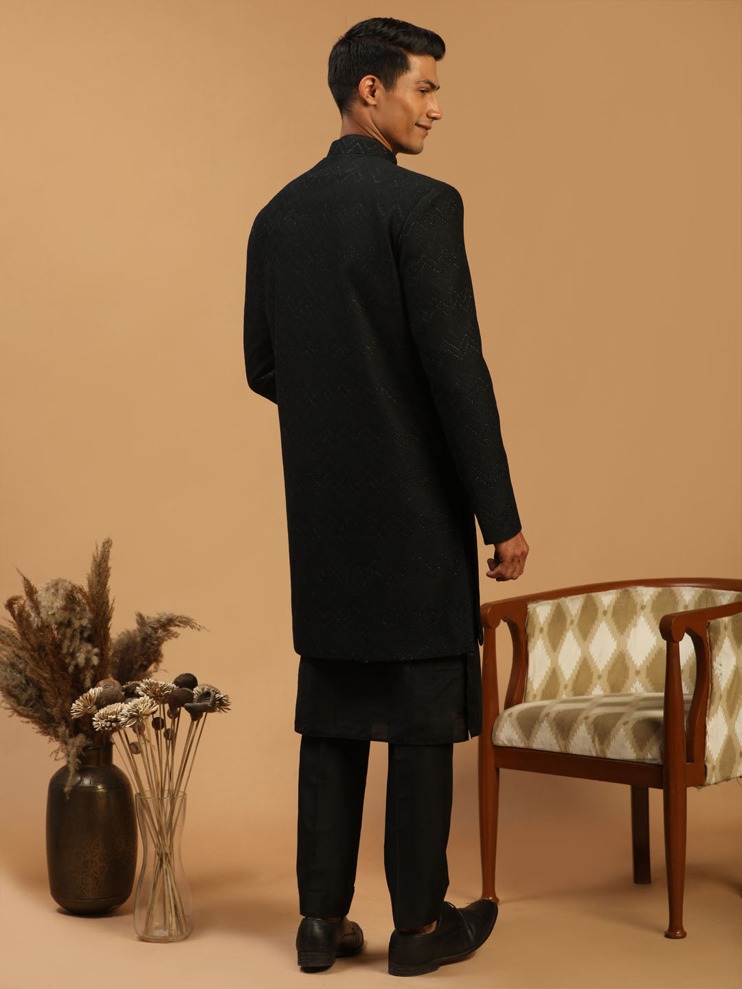 Men's Black Viscose Regular Sherwani Set