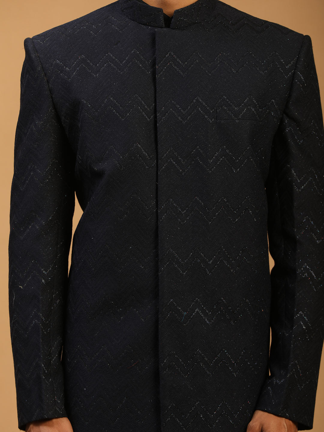 Men's Black Viscose Regular Sherwani Set