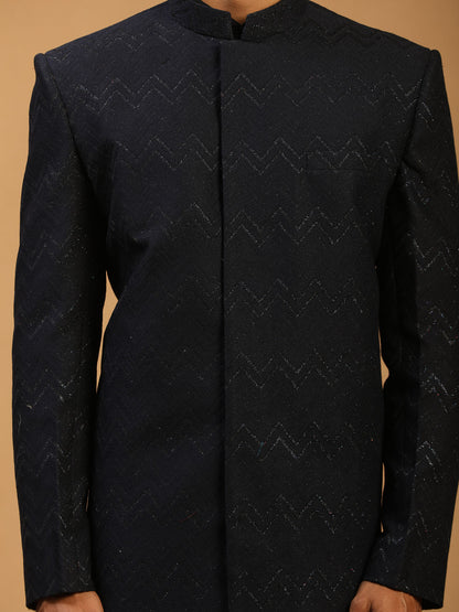 Men's Black Viscose Regular Sherwani Set