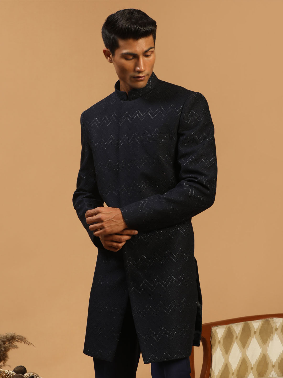 Men's Navy Blue Silk Blend Regular Sherwani Only Top