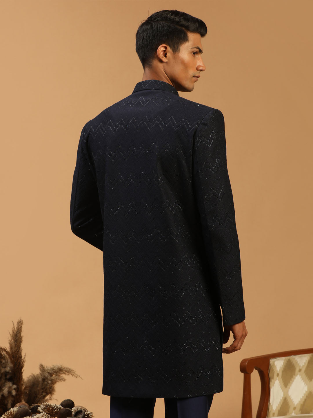 Men's Navy Blue Silk Blend Regular Sherwani Only Top